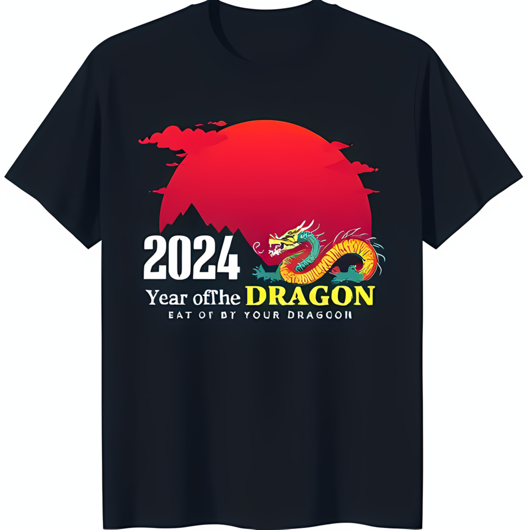 Black TShirt with Bold Graphic Rising Red Sun & Mountains 2024 Year of