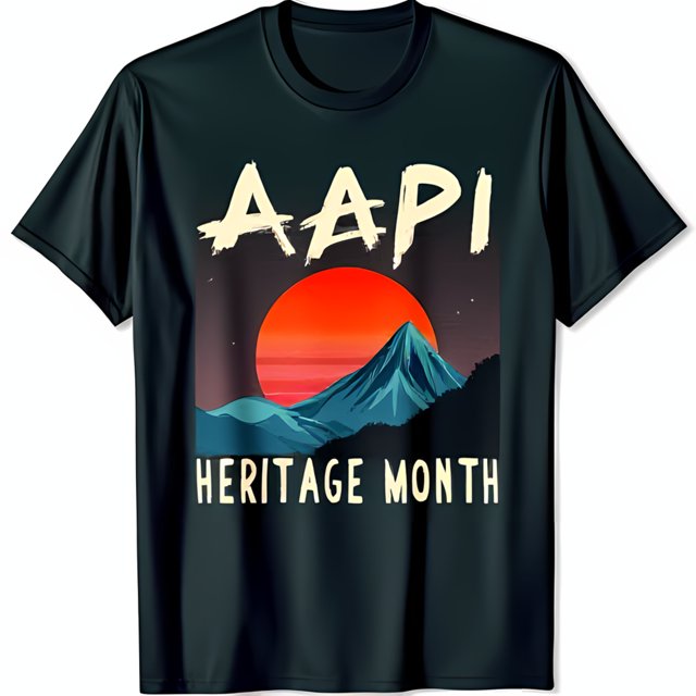 Black TShirt with Bold Graphic of Rising Red Sun Over Majestic