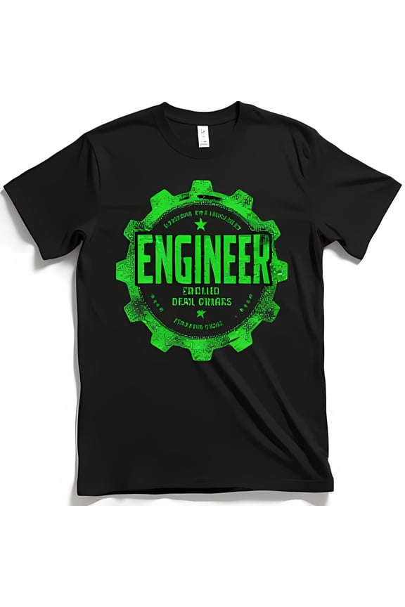 Black T-Shirt with Bold Green Gear & ENGINEER Text for Tech Enthusiasts