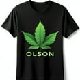 thumbnail image 1 of Black T-Shirt with Bold Green Leaf Design & OLSON Print, 1 of 5