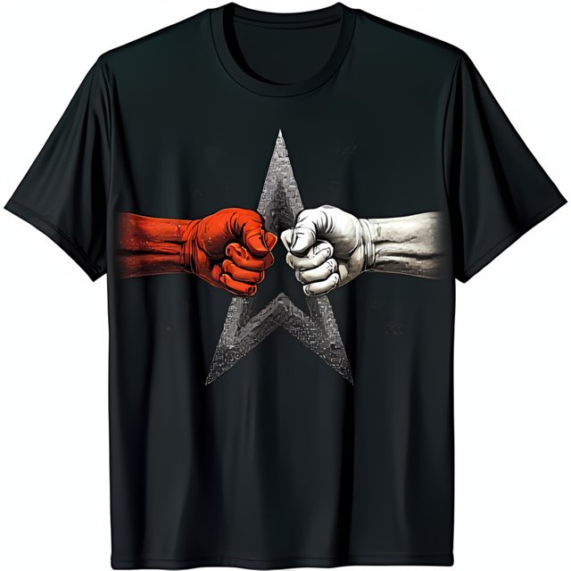 Black TShirt with Bold Grey Star Design and Red & White Fists Bumping