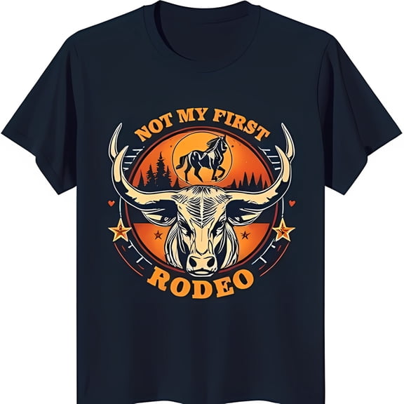 Black T-Shirt with Bold Head Graphic & Sunset 'Not My First Rodeo'