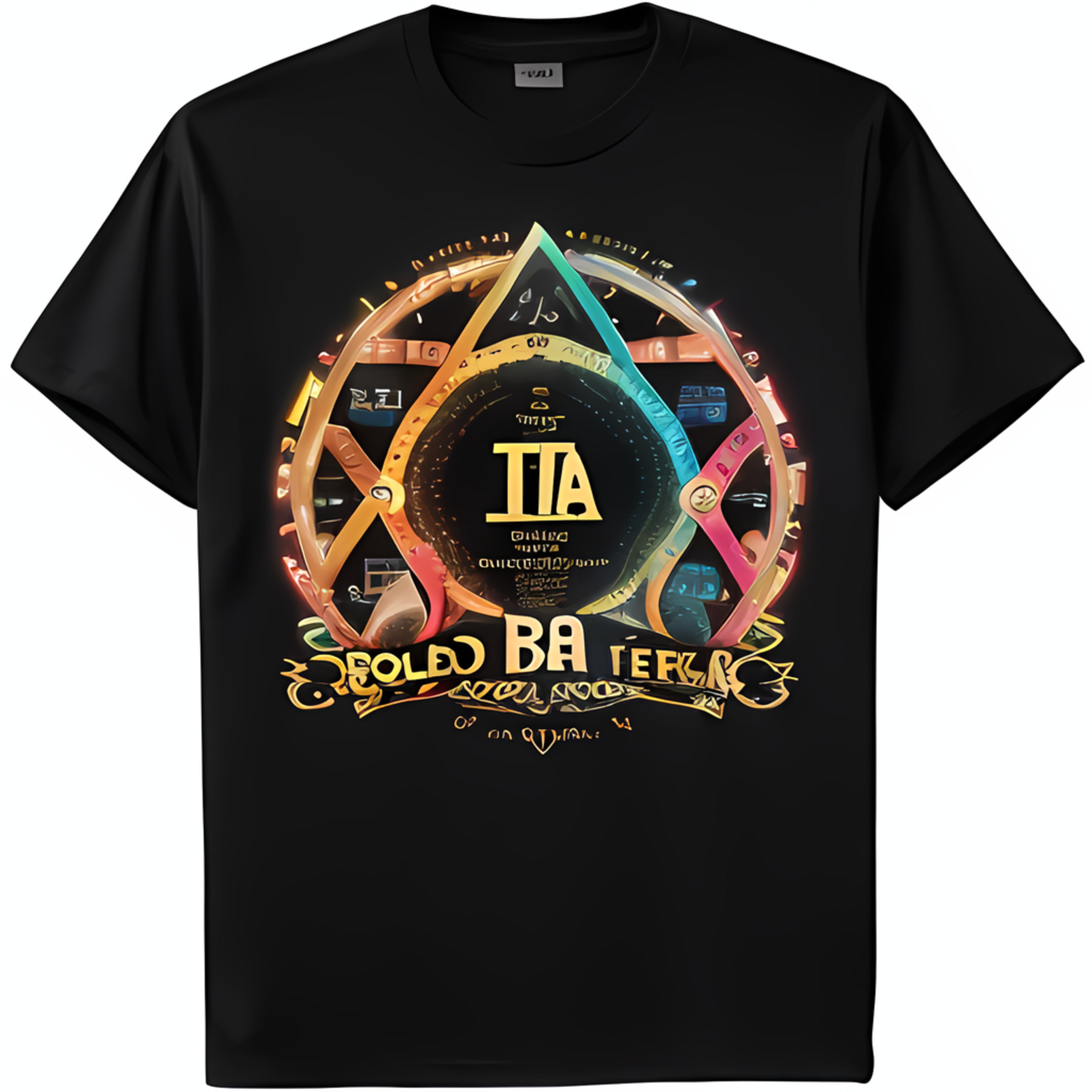 Black TShirt with Bold ITA Graphic and Colorful Geometric Gear Design
