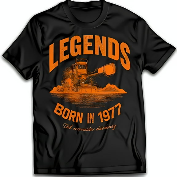 Black T-Shirt with Bold 'LEGENDS BORN IN 1977' Design & Armored Vehicle Graphic