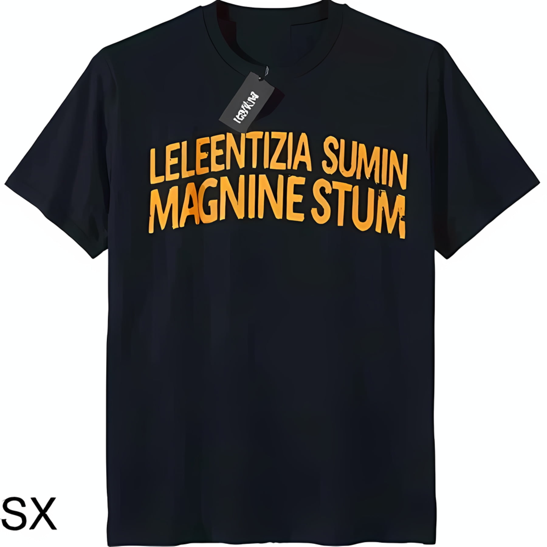 Black TShirt with Bold 'LELEENTIZIA SUMIN MAGNINE STUM' Graphic