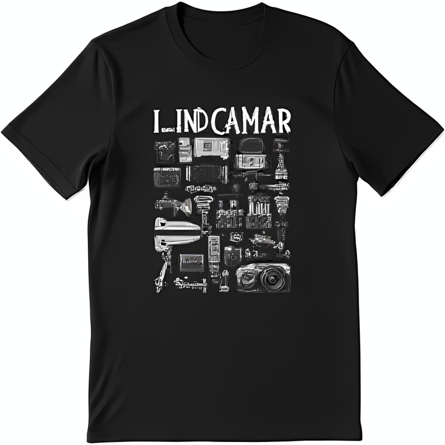 Black TShirt with Bold 'LINDCAMAR' Graphic Design Featuring Camera