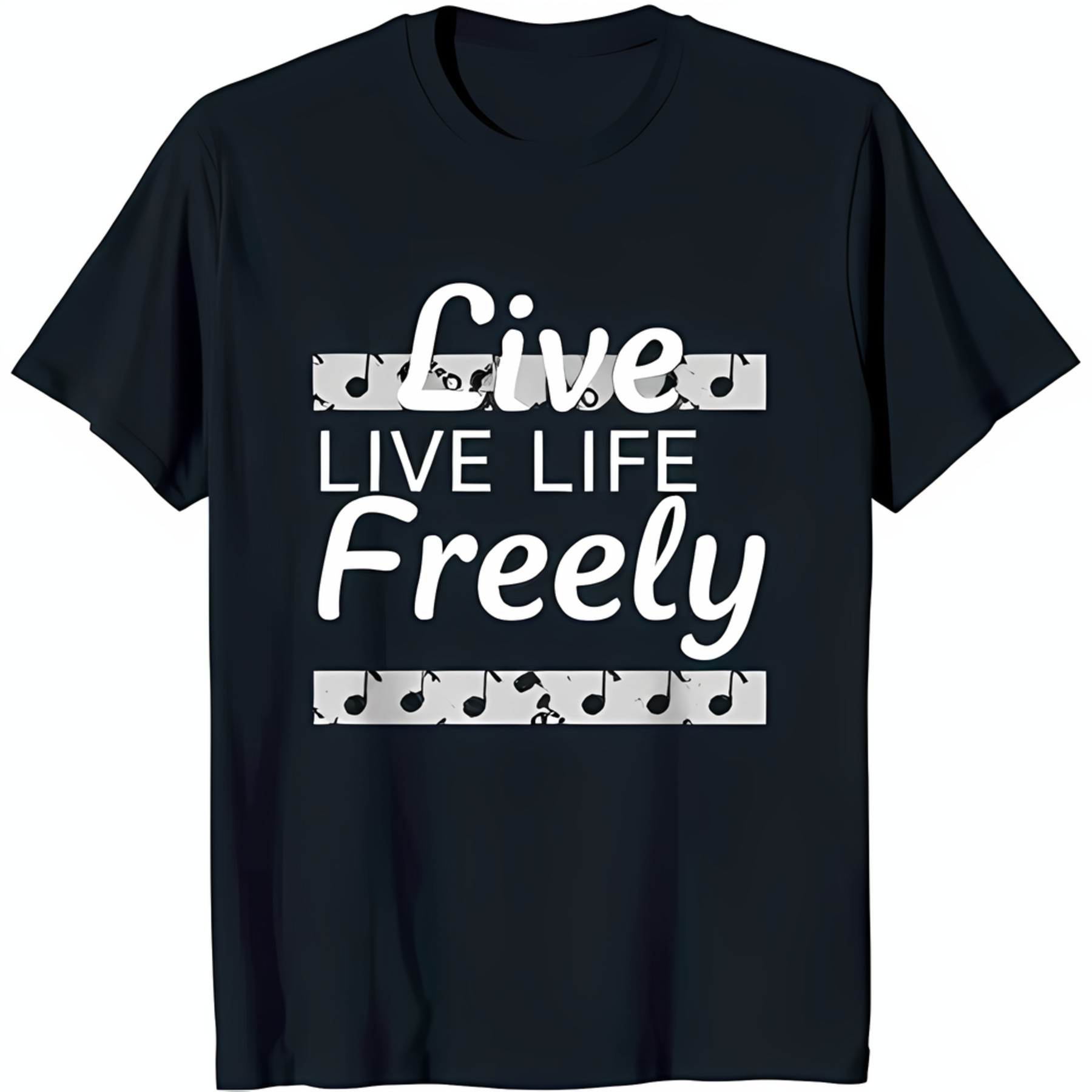 Black T-shirt With Bold 'live Live Life Freely' Graphic & Musical Notes 