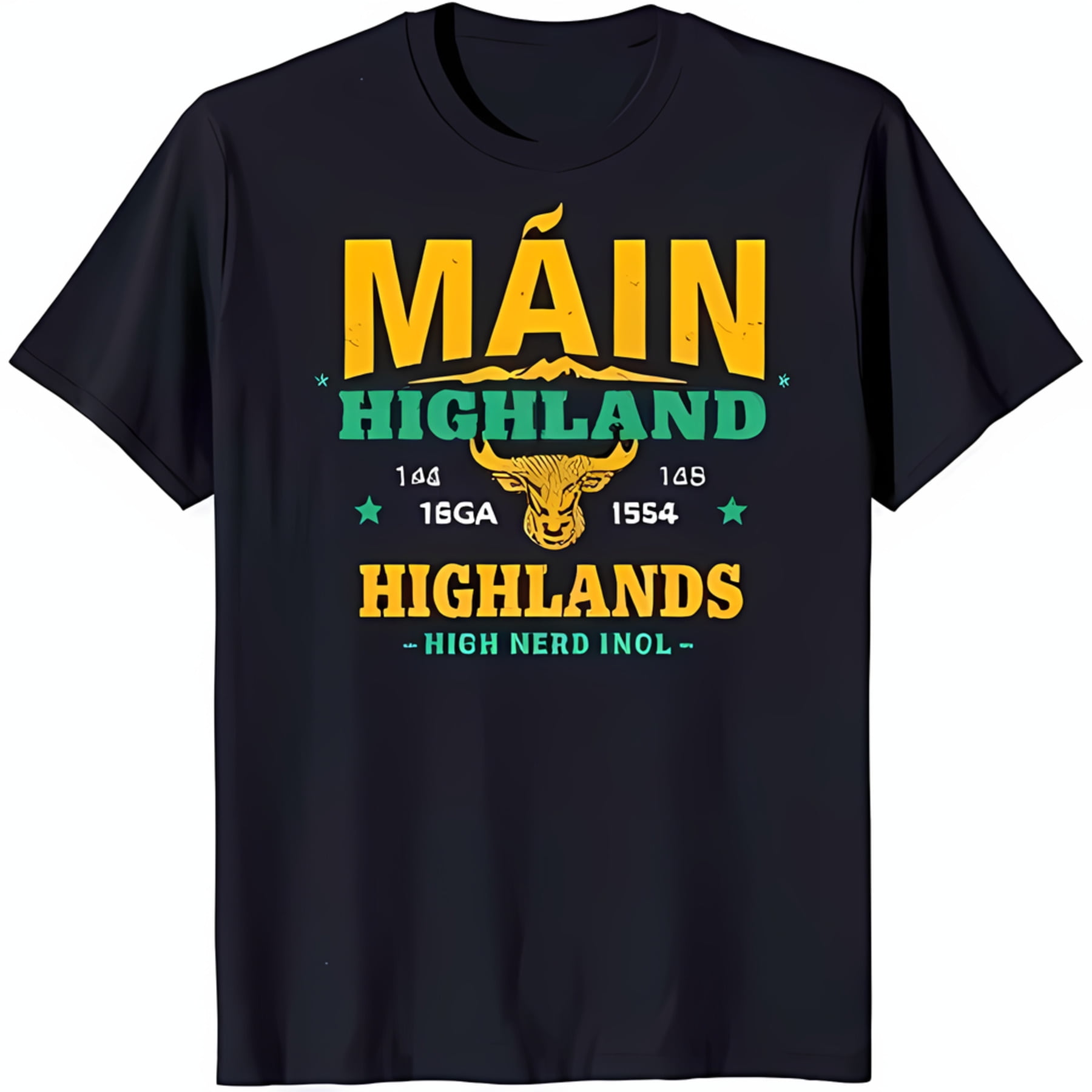 Black TShirt with Bold 'MÁIN HIGHLAND' Graphic