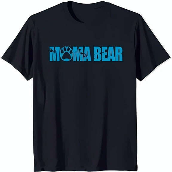 Black T-Shirt with Bold 'MOMA BEAR' Text and Blue Print Design