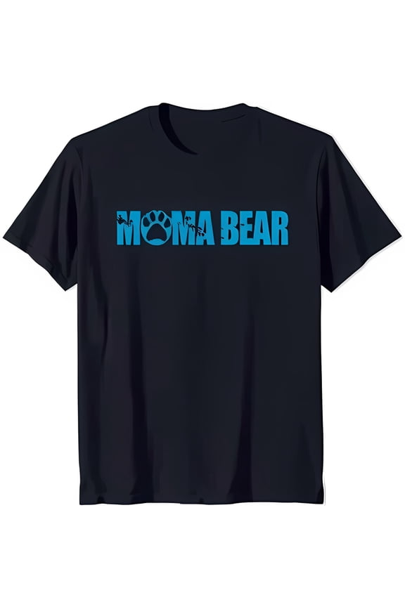 Black T-Shirt with Bold 'MOMA BEAR' Text and Blue Print Design