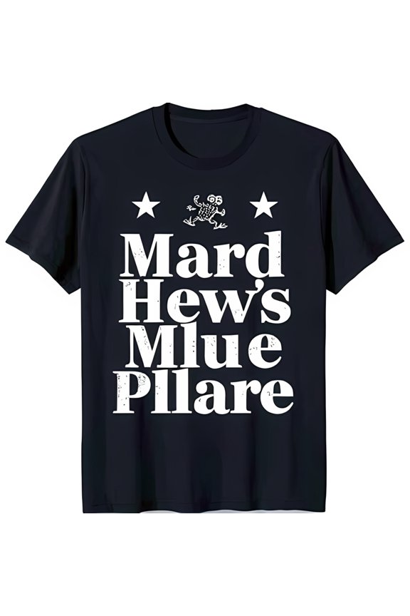 Black T-Shirt with Bold 'Mard Hew's Blue Pillare' Text & Stars Design