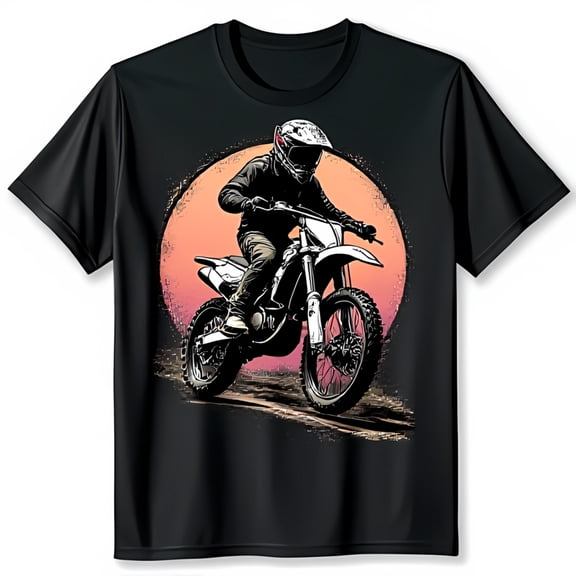 Black T-Shirt with Bold Motocross Rider Graphic Against Sunset for Motorcycle Enthusiasts