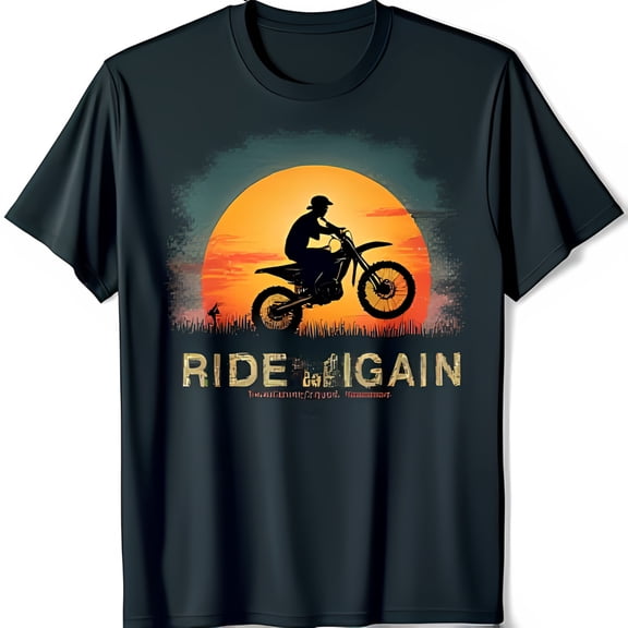 Black T-Shirt with Bold Motocross Rider Graphic & Inspiring RIDE AGAIN Design