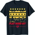 Black TShirt with Bold Mountain Scene Stars and 'Play Hit Low Run