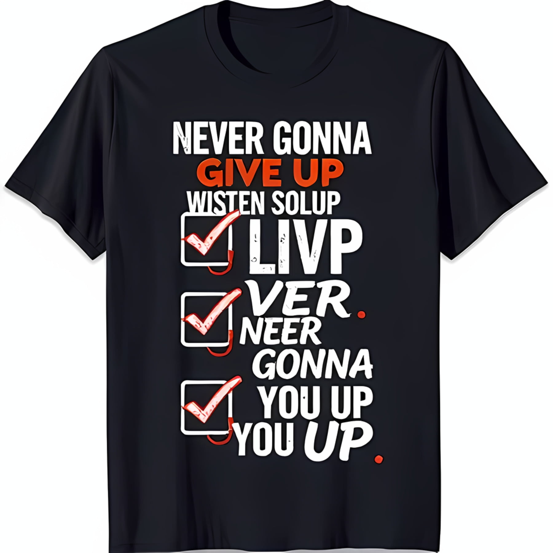 Black T-Shirt with Bold 'Never Gonna Give Up' Graphic & Checklist ...
