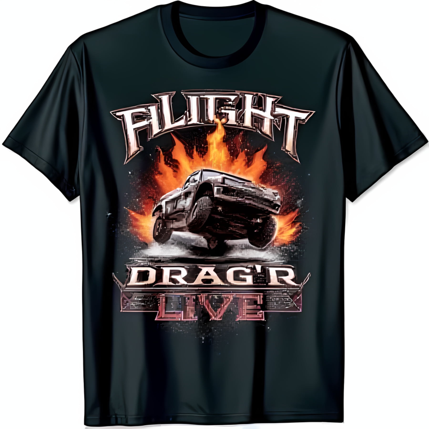 Black TShirt with Bold Pickup Truck Wheelie Graphic & Flames ' DRAG'R