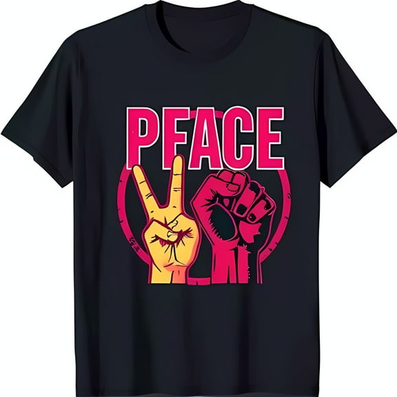 Black T-Shirt with Bold Pink Peace Graphic Fist & Peace Sign Design