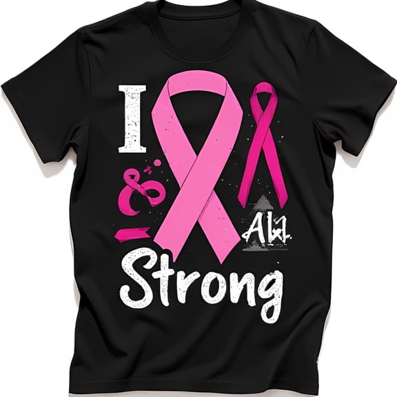Black T-Shirt with Bold Pink Ribbon Graphic & I & All Strong