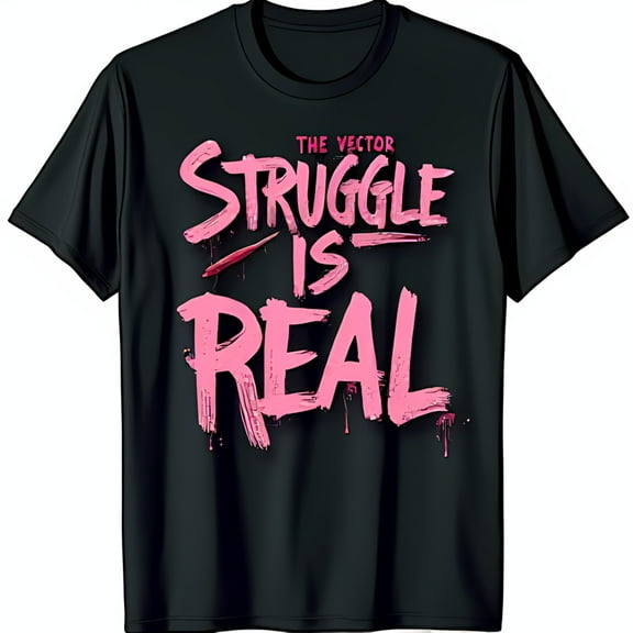 Black T-Shirt with Bold Pink Style Graphic: The Vector Struggle Is Design