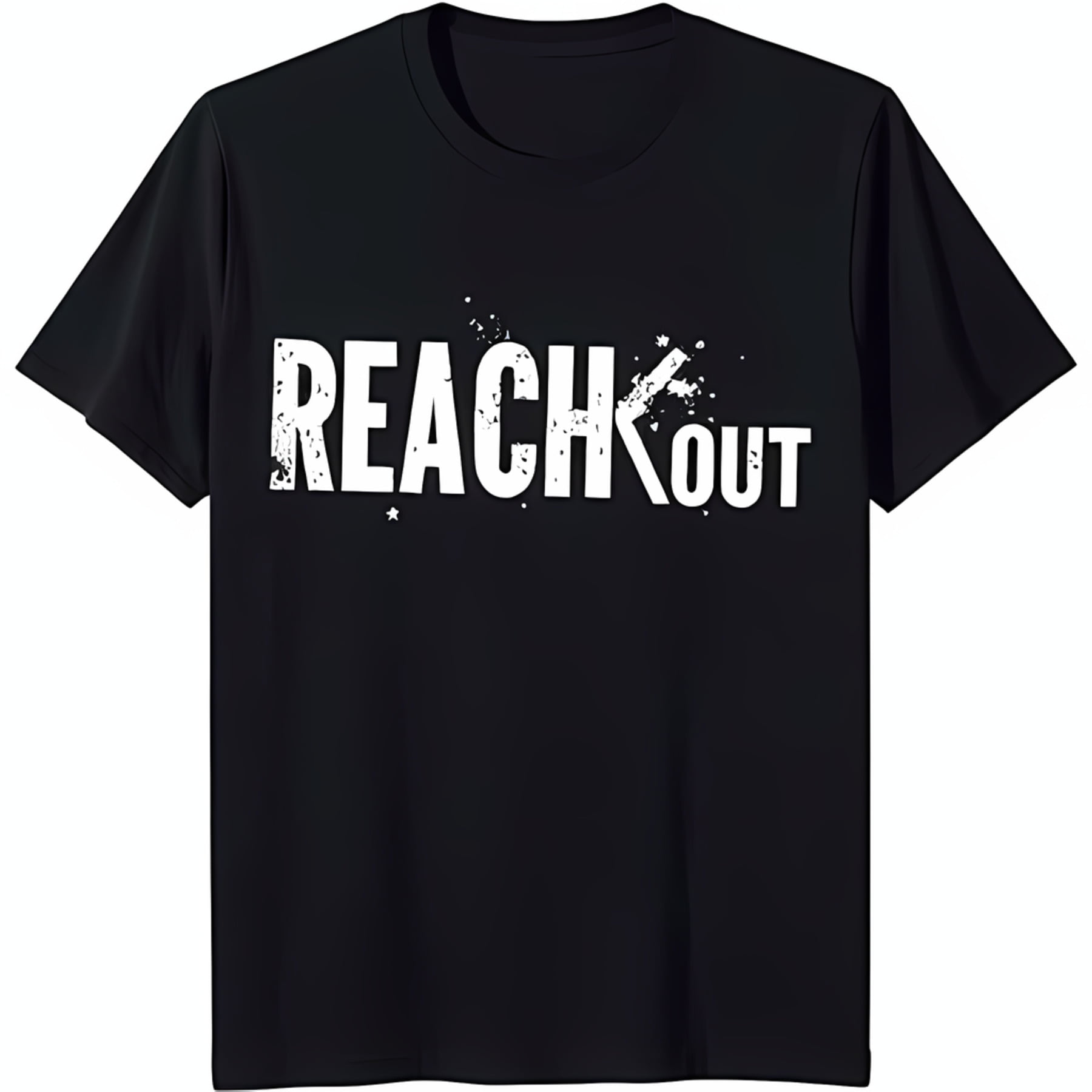 Black TShirt with Bold 'REACH OUT' Graphic and Broken Arrow Design