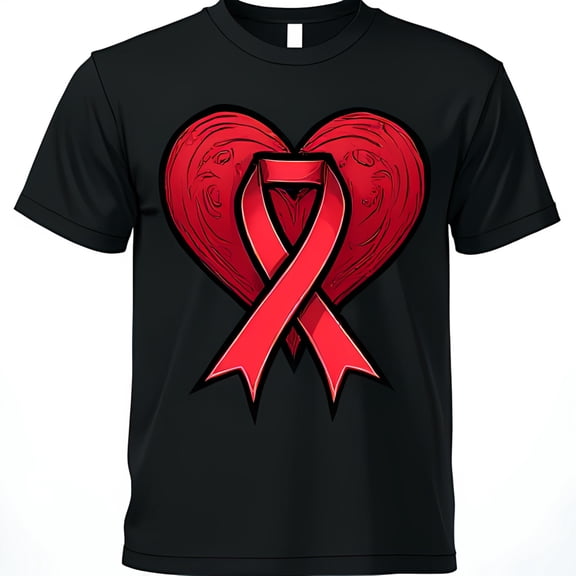 Black T-Shirt with Bold Red Heart Design and Ribbon Support Heart Awareness