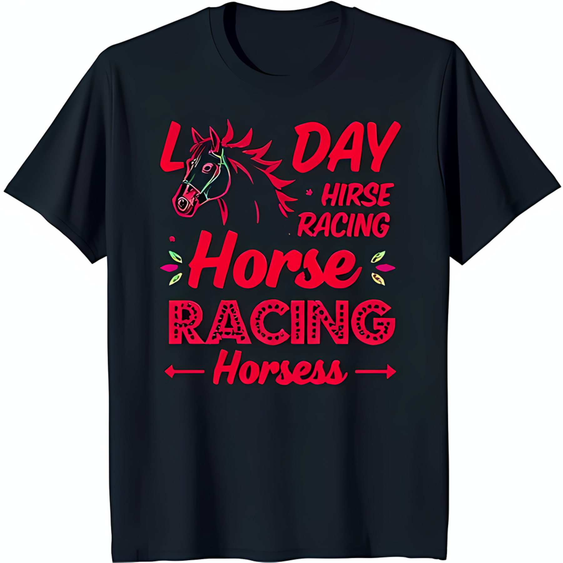 Black TShirt with Bold Red Horse Head Graphic for Horse Racing Fans