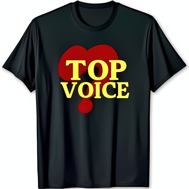 Black TShirt with Bold Red Question Mark & 'TOP VOICE' in Yellow