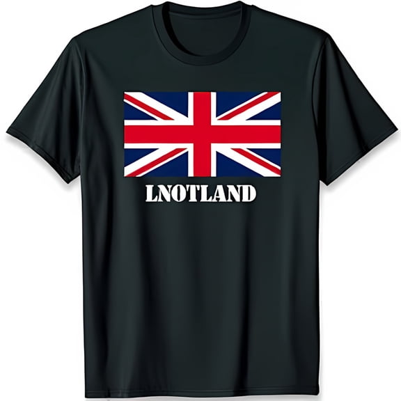 Black T-Shirt with Bold Red White & Blue British & 'LNOTLAND' Print