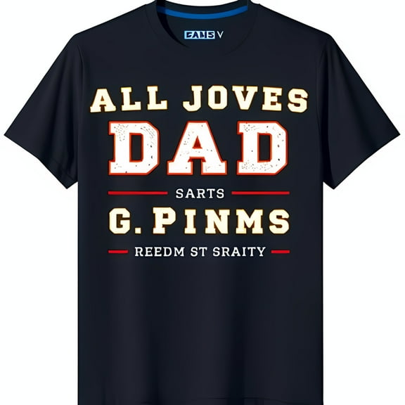 Black T-Shirt with Bold Red & White Text: 'All Joves Dad Sorts G Pinms Reedm St Sraity' Unique Graphic Tee
