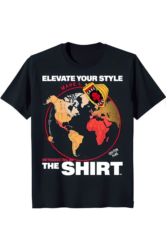 Black T-Shirt with Bold Red World Map Graphic & Cartoon Design