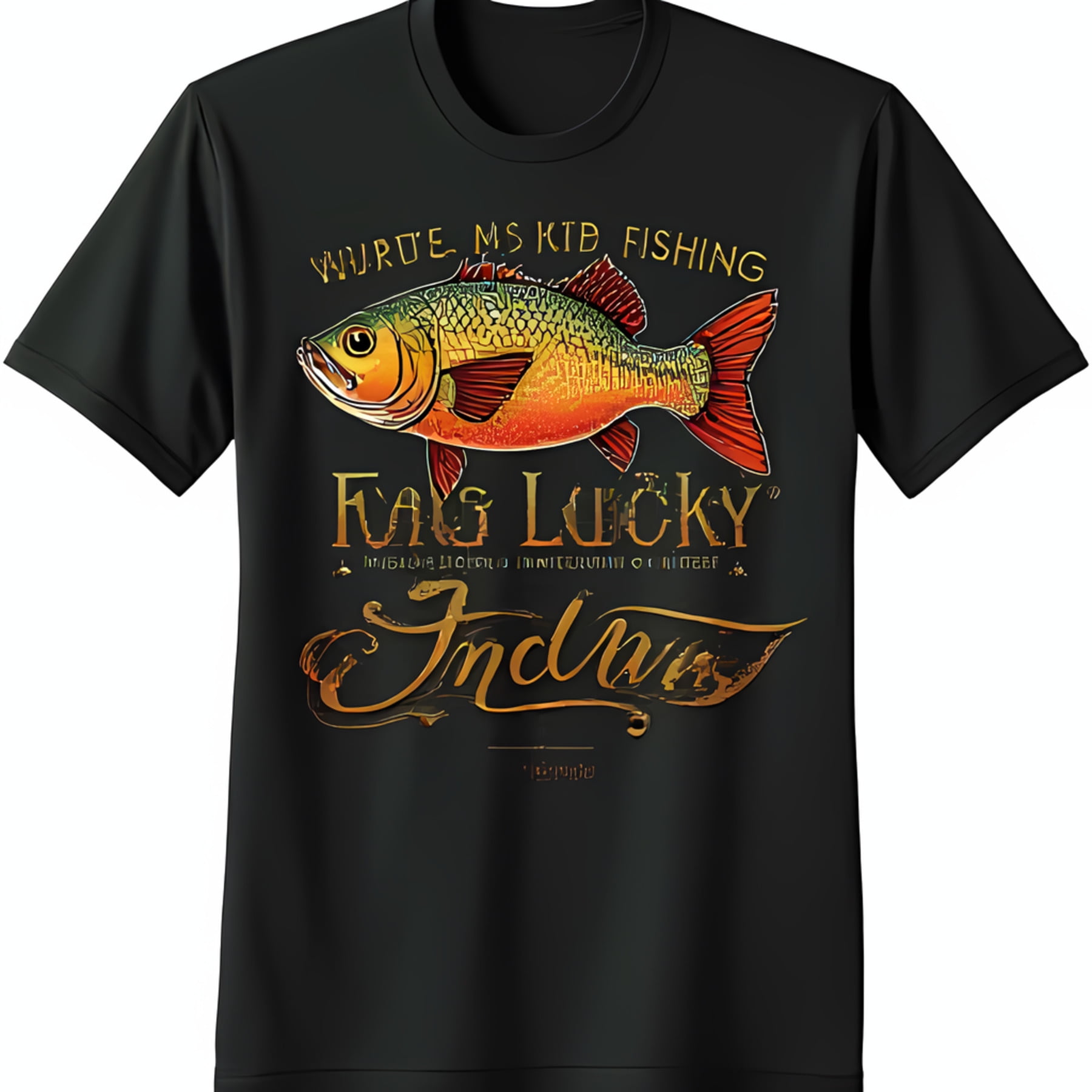 Black TShirt with Bold Red and Yellow Fish Design WURDE MS KTB & FAGS
