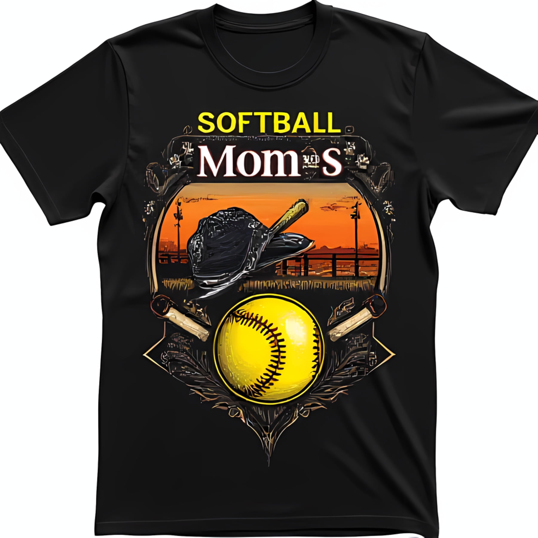 Black TShirt with Bold 'SOFTBALL MOMS' Graphic Mitt & Bat Design