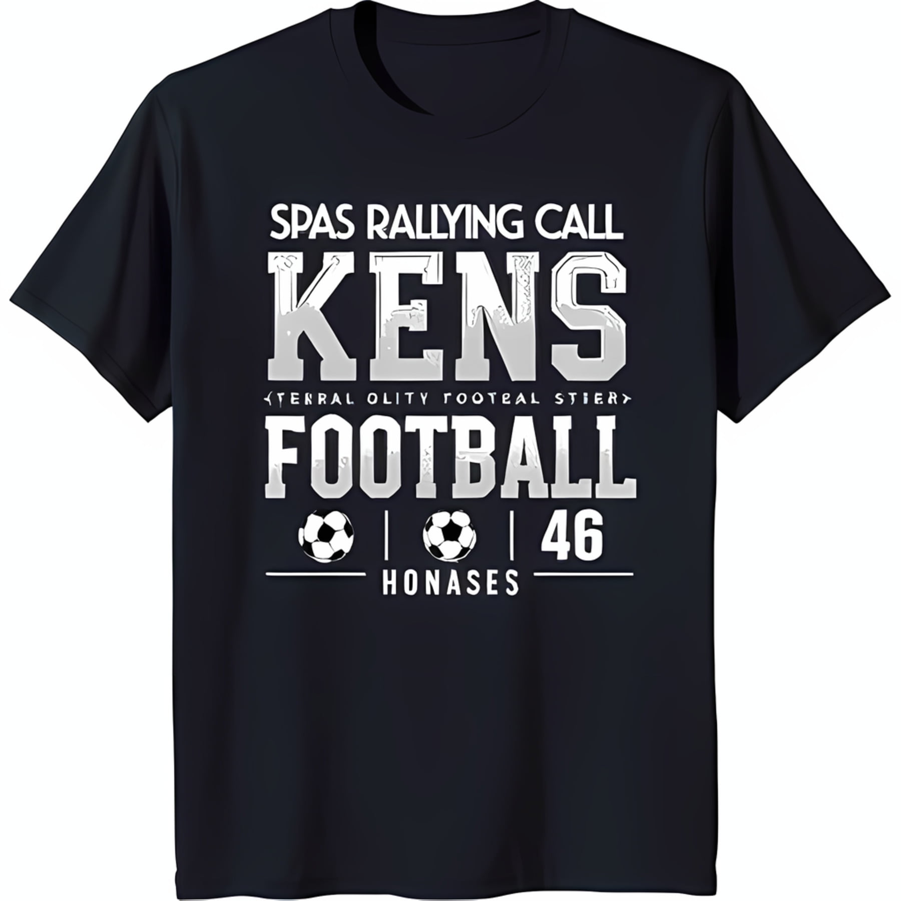 Black TShirt with Bold 'SPAS RALLYING CALL' Design & Soccer Balls Size