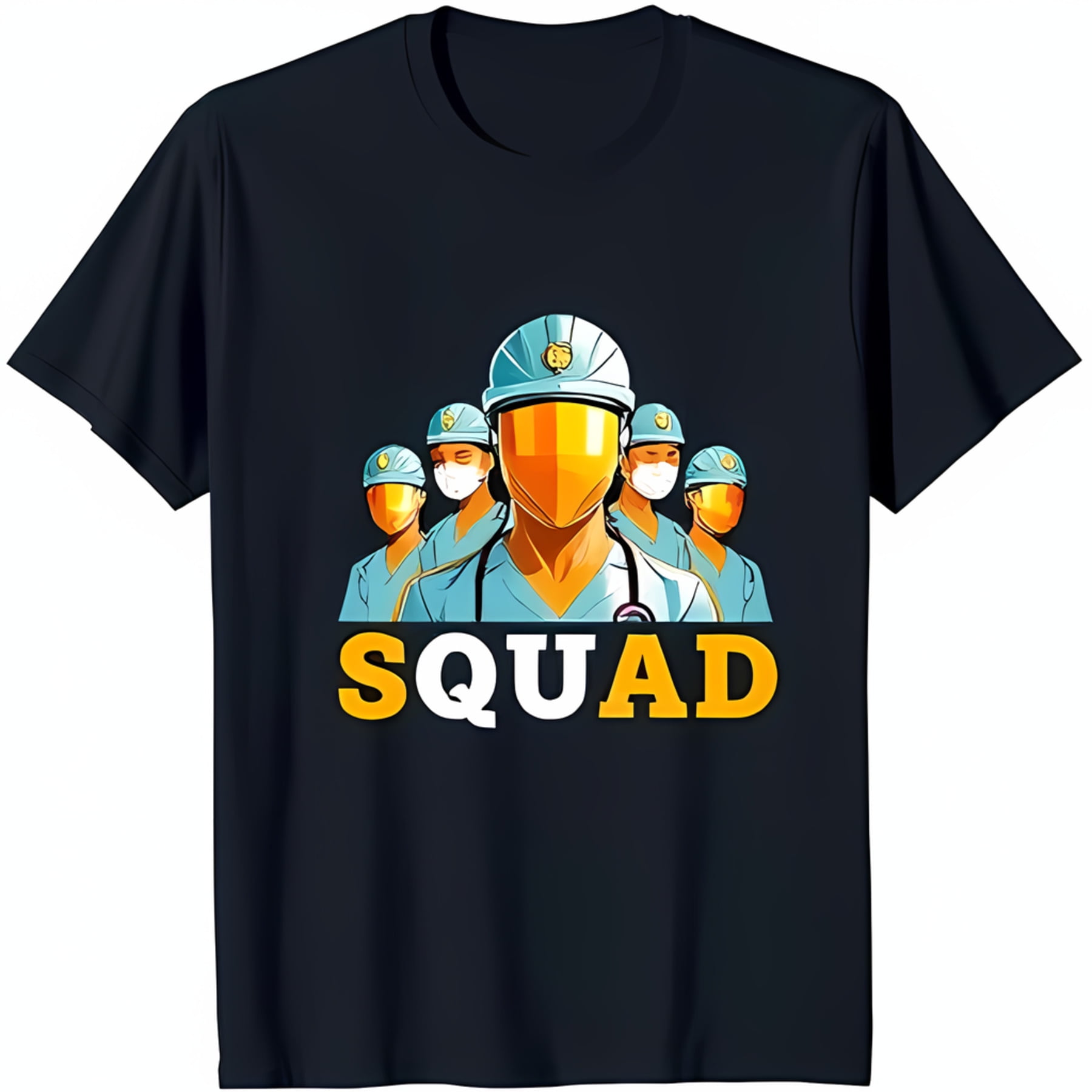 Black TShirt with Bold SQUAD Graphic Featuring Determined Surgeons
