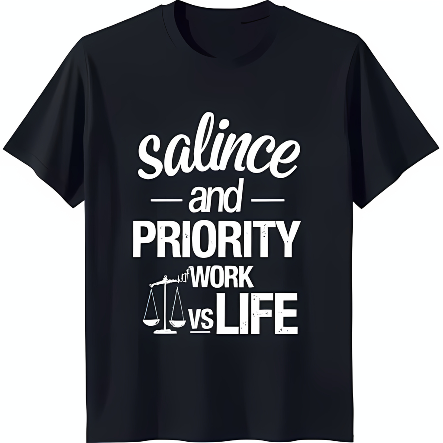 Black TShirt with Bold 'Salince and PRIORITY' Graphic Work vs Life