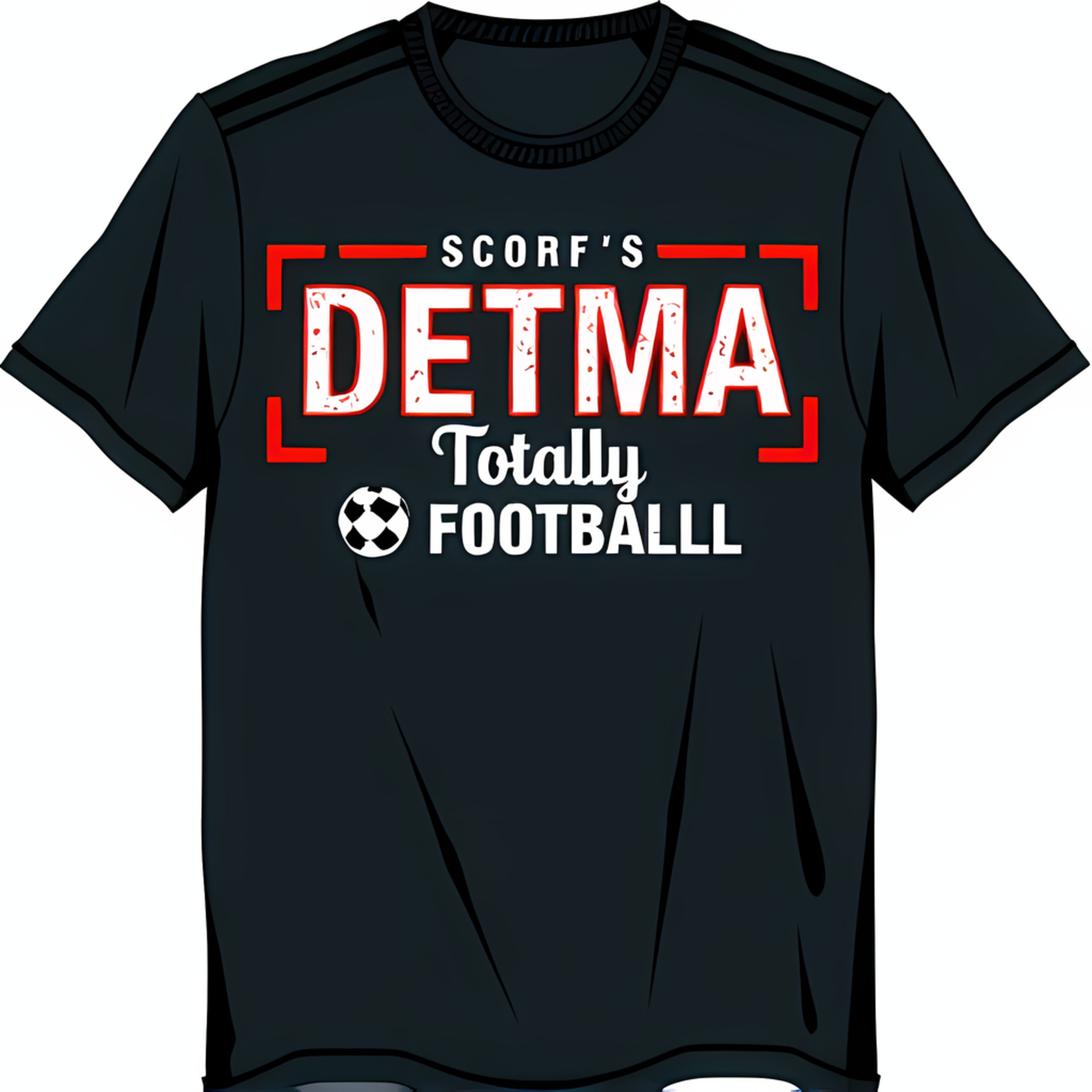 Black TShirt with Bold 'Scorf's Detma Totally ' Design & Soccer Ball