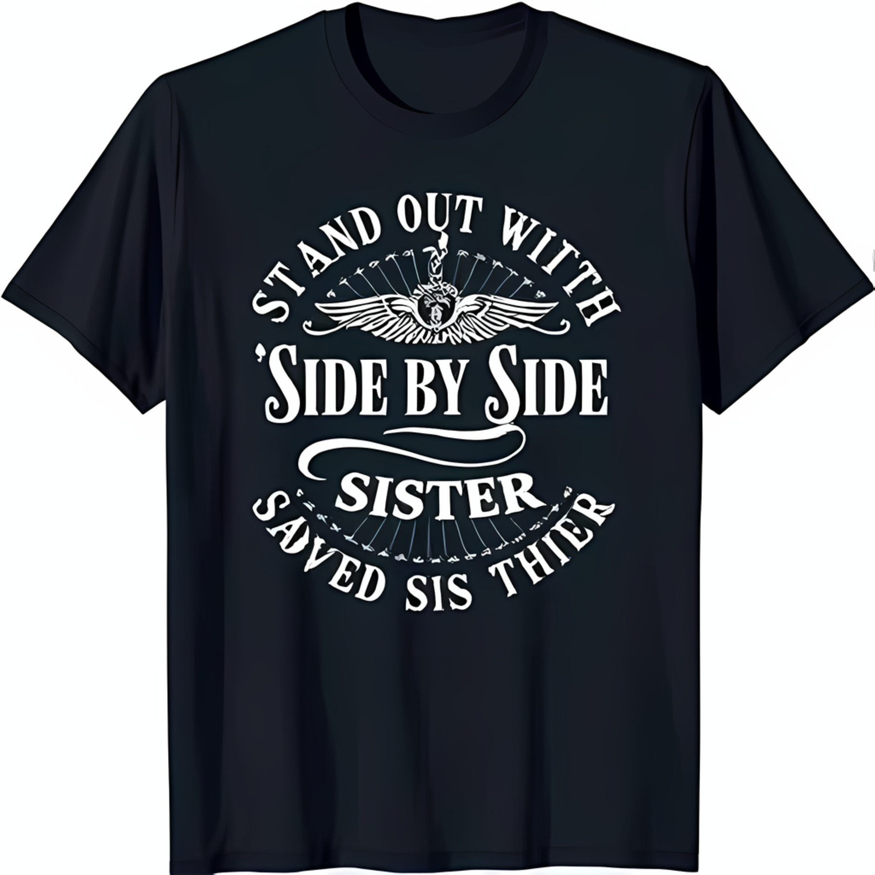 Black TShirt with Bold 'Side by Side' Graphic & Wings Design Stand Out