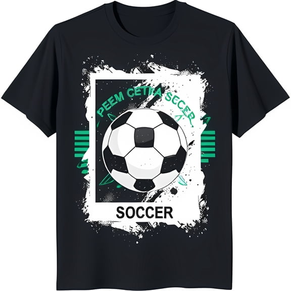 Black T-Shirt with Bold Soccer Ball Graphic Splatter & Green Text