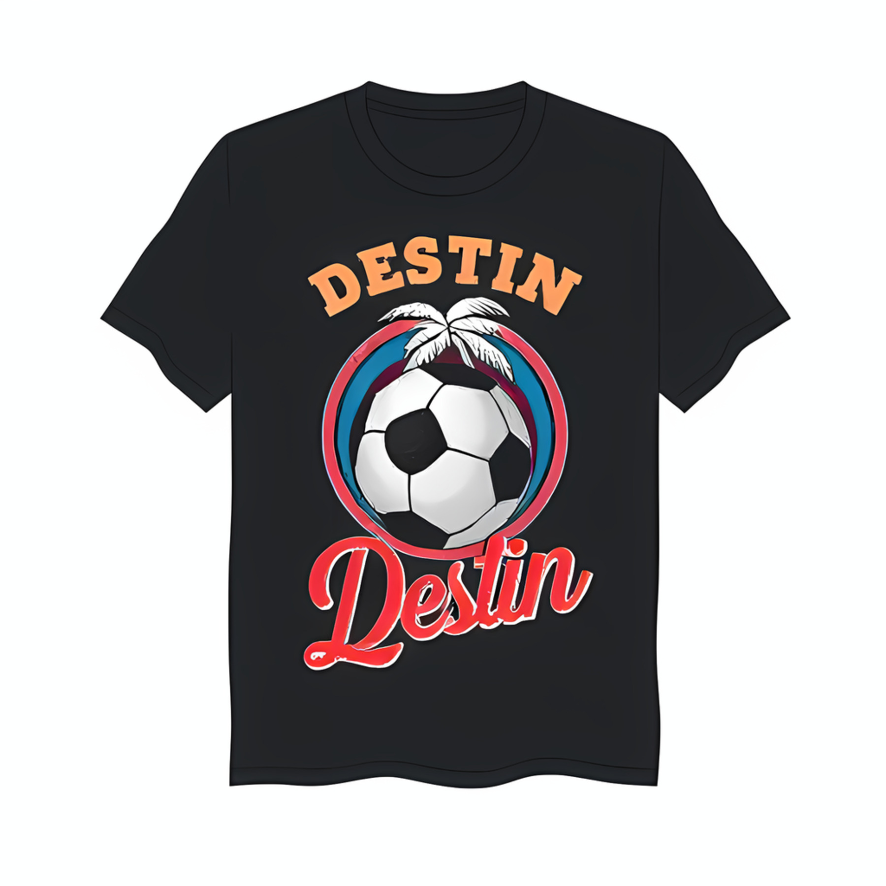 Black TShirt with Bold Soccer Ball Graphic and 'Destin' Design for