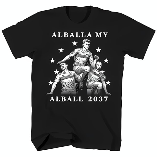 Black TShirt with Bold Soccer Player Graphic Stars & 'ALBALLA MY' Text