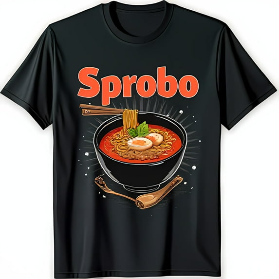 Black T-Shirt with Bold Sprobo Text and Fun Ramen Noodle Illustration