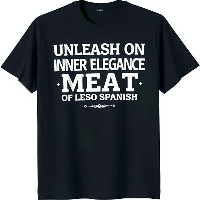 Black TShirt with Bold 'UNLEASH ON INNER ELEGANCE MEAT OF LESO SPANISH' Graphic Design