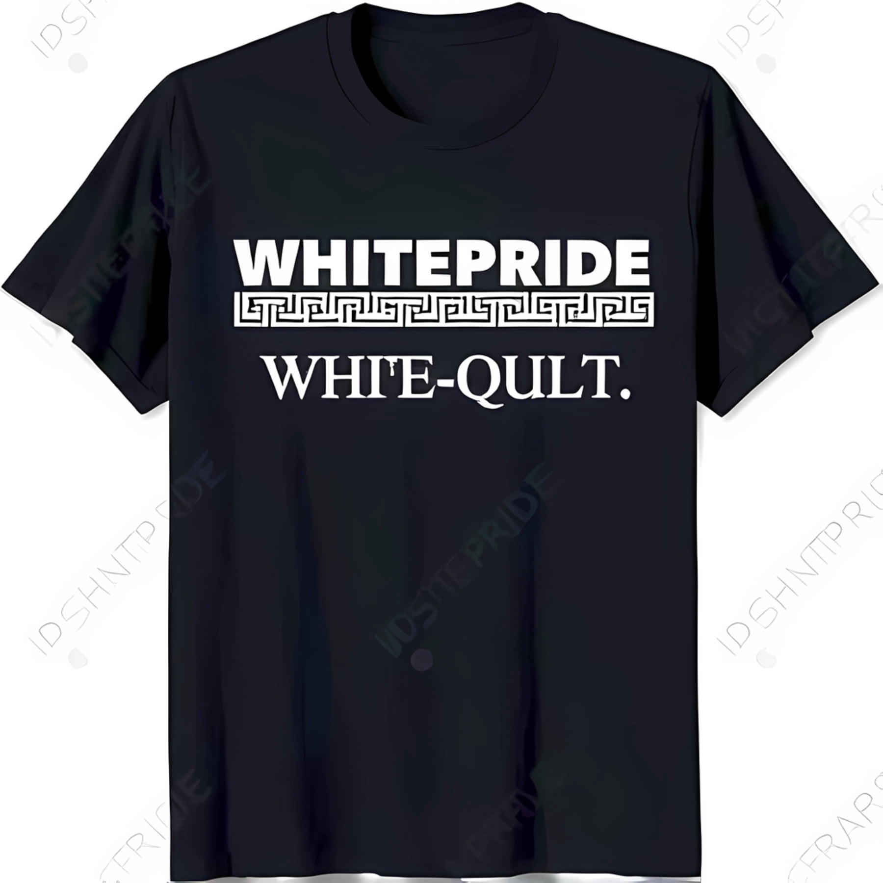 Black TShirt with Bold 'WHITEPRIDE' Graphic and Greek Key Design