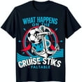 Black TShirt with Bold 'What Happens on the Cruise' Graphic
