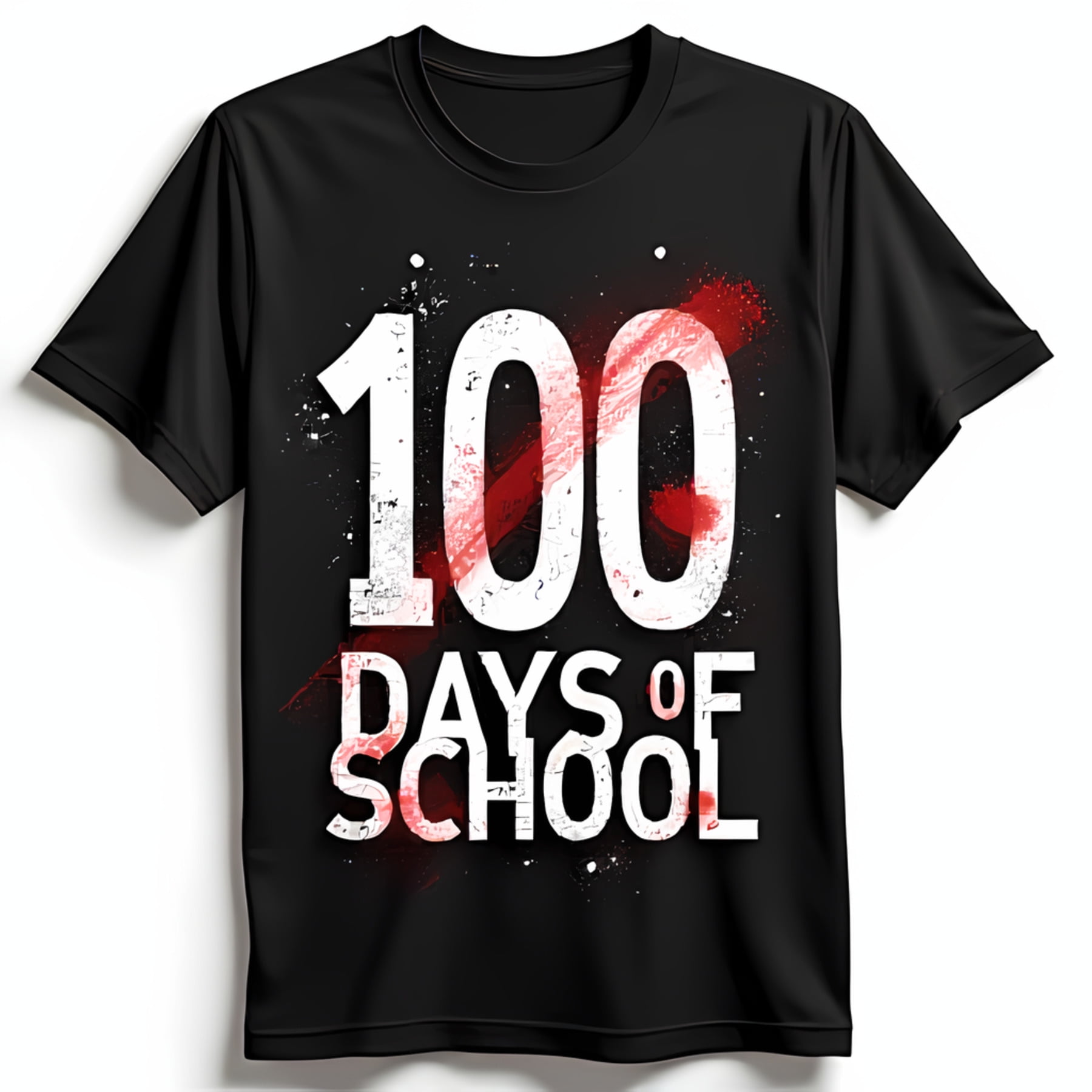 Black TShirt with Bold White '100' Graphic & Red Splatter 'Days of