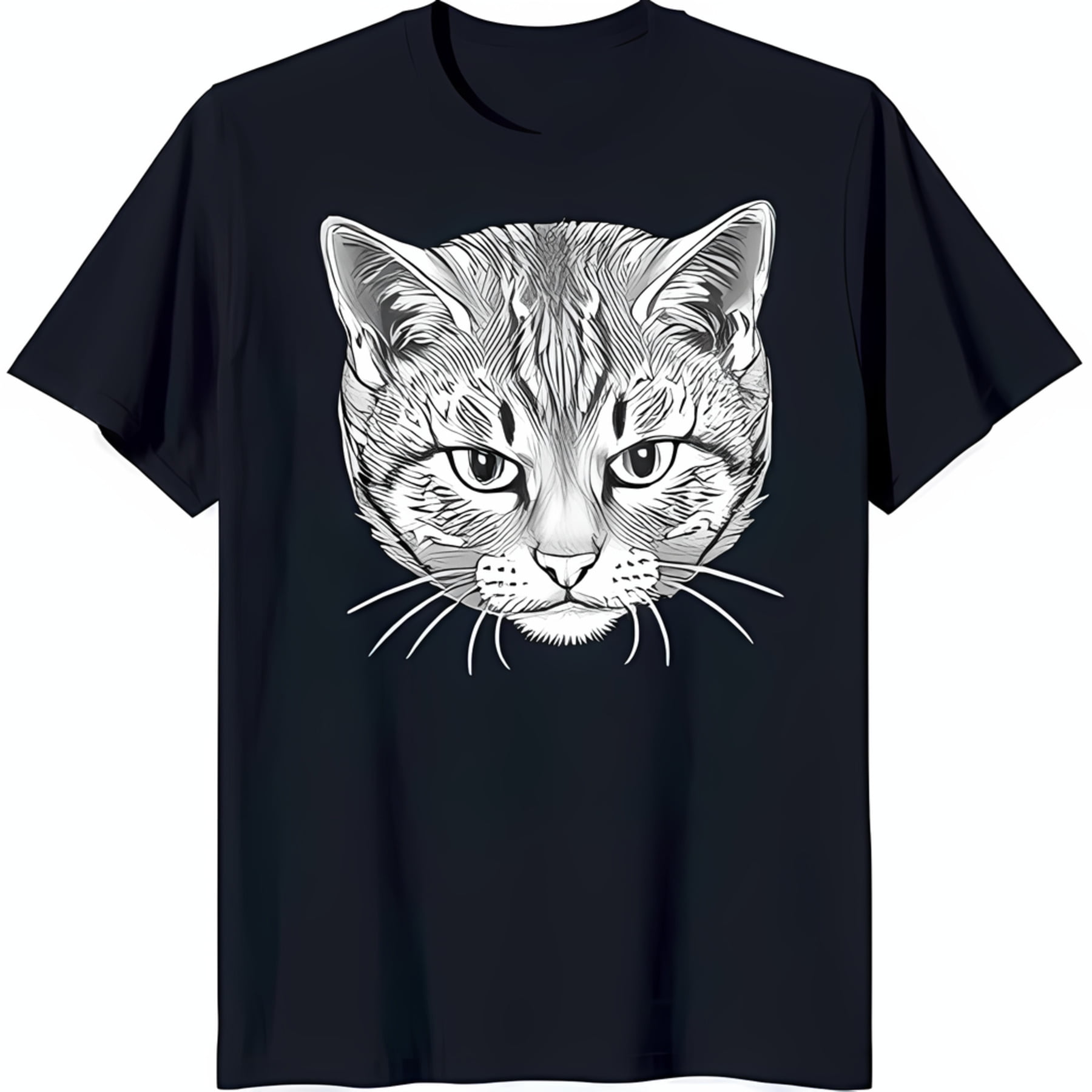 Black TShirt with Bold White Cat Face Line Drawing Serious Expression