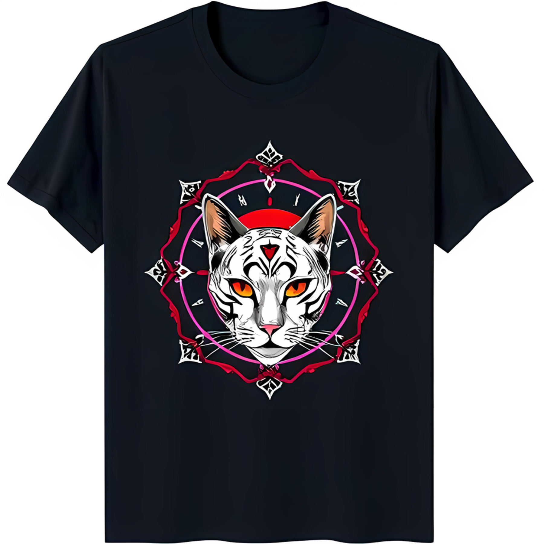 Black TShirt with Bold White Cat Face and Eyes Design