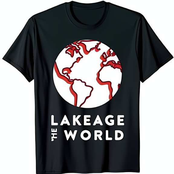 Black T-Shirt with Bold White Circle Graphic & Red Earth Outline LAKEAGE THE WORLD