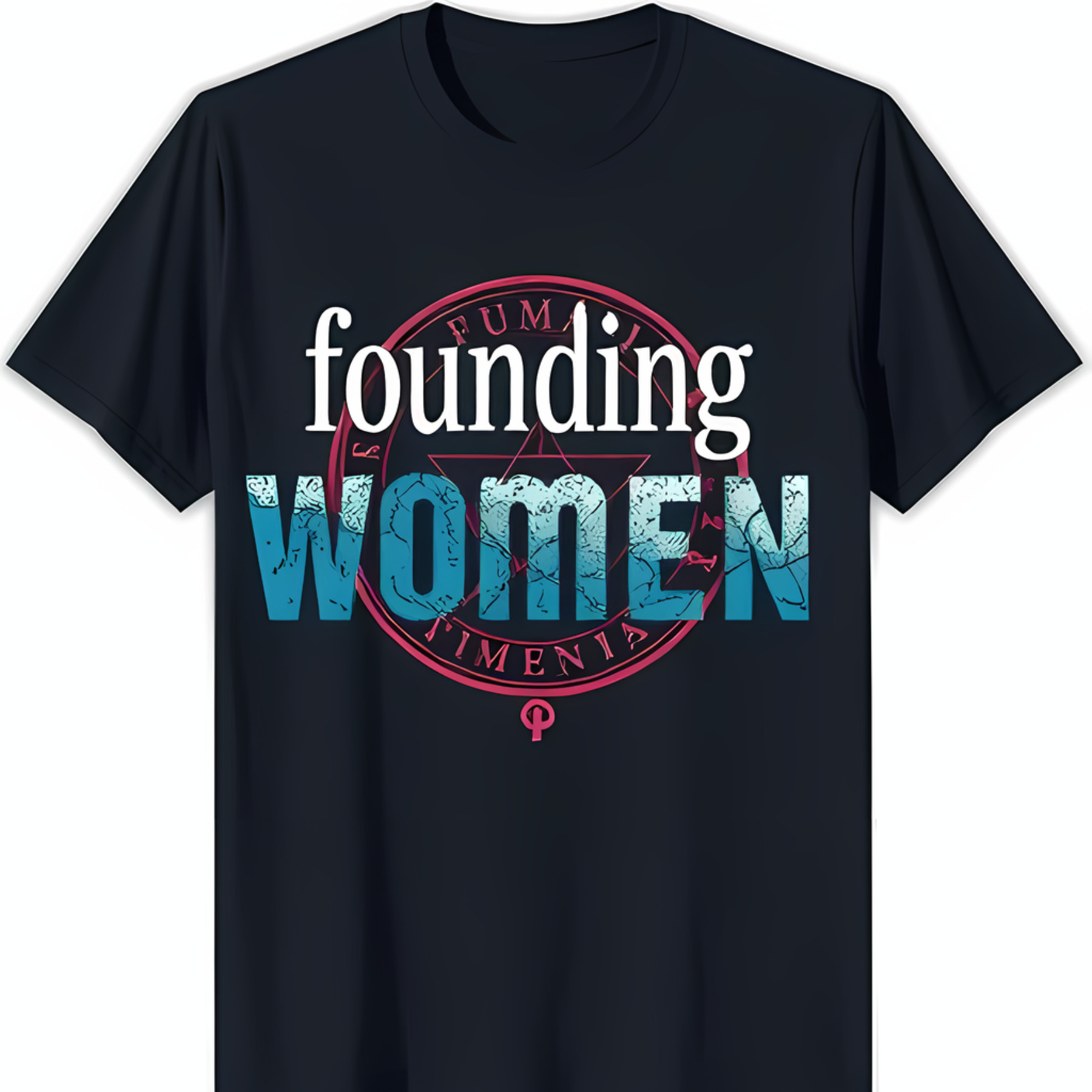 Black TShirt with Bold White Circle & Red Outline 'Founding Women