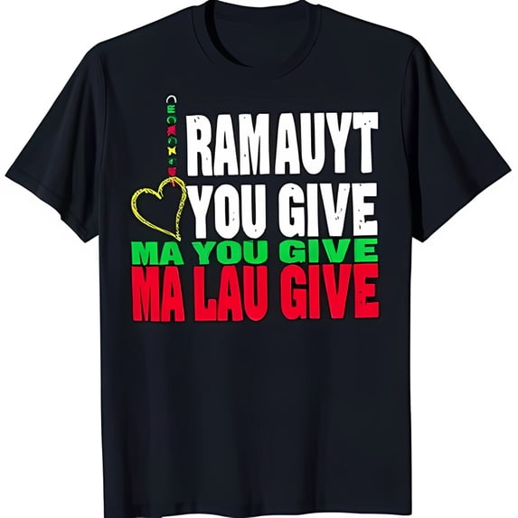 Black T-Shirt with Bold White Graphic Red Heart & Green Outline Fun Quote Design